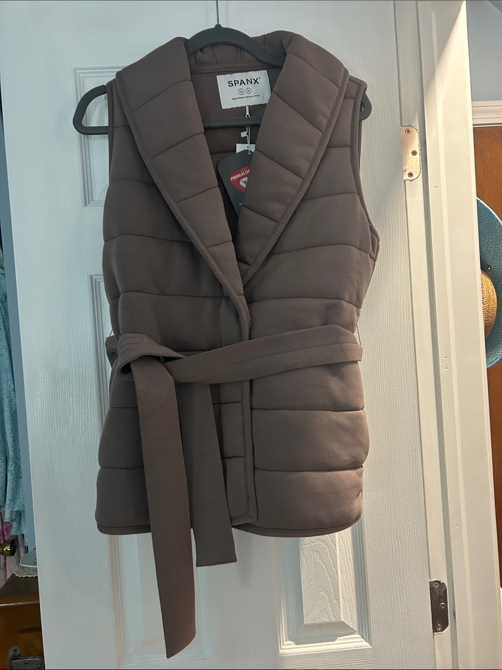 SPANX Quilted Belted Vest in Taupe Brown